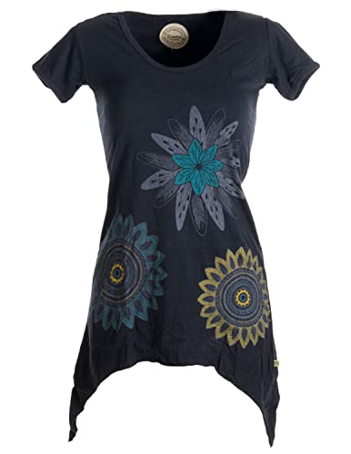 Vishes - Alternative Bekleidung - Asymmetrisch geschnittenes Longshirt, Elfen Tunika mit großen Blumen Bedruckt schwarz 40