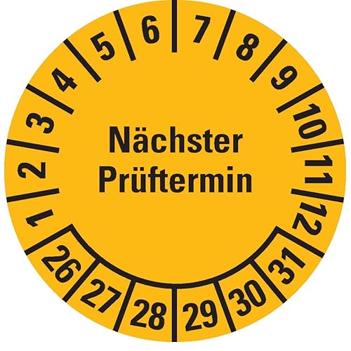 Prüfplakette Nächster Prüftermin 26-31, gelb, Dokumentenfolie, Ø 15mm, 60/Bogen
