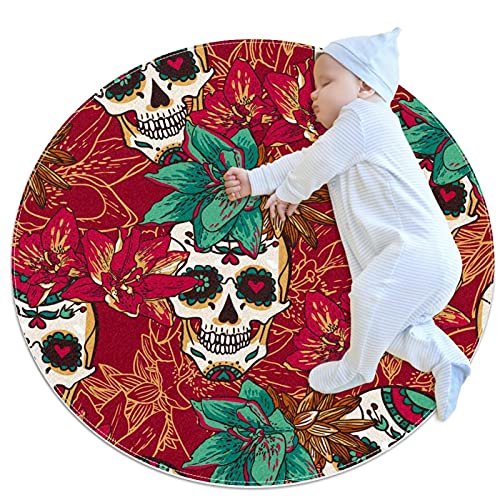 Kinder Krabbelmatte Totenkopfherzen und Blumen Flower Runde weiche moderne Teppiche für rutschfeste Böden für Raumdekorationen 100x100cm