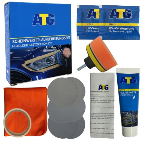ATG Scheinwerfer Aufbereitung Set, Polierset für matte und blinde Scheinwerfer aus Kunststoff, atg scheinwerfer fresh, Plexiglas Politur (Komplettset)