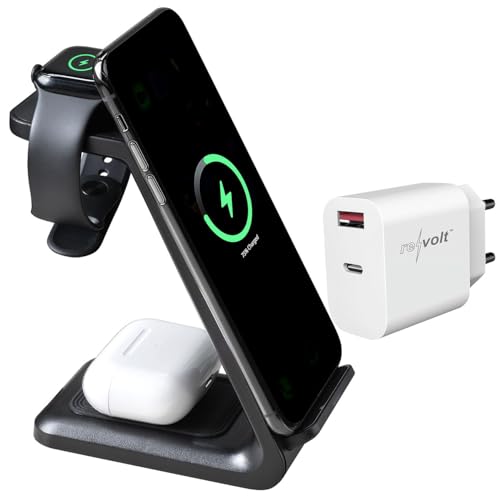 Callstel Tisch-Ladestationen: 3in1-Ladestation 20 W für iPhone, Apple Watch & AirPods, mit Netzteil (Schnellladestation für Apple, Ladegerät, Magnet Ladekabel)