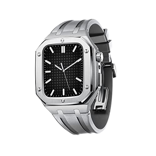 MAALYA Silikon-Uhrenarmband Metalllünette für Apple Watch 44/45 mm Mod Kit Zubehör, Ersatz-Silikonband, kompatibel mit iWatch SE/4/5/6/7 Serie, silbernes Gehäuse, 45MM FOR 7, Achat