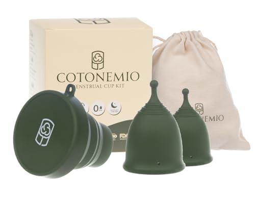 Cotonemio Menstruationstassen-Set Mit Sterilisator (4er-Pack), Größe XS & S 100% Medizinisches Silikon Nachhaltig Ohne BPA,Plastikfrei Bis Zu 12 Stunden(Menstruationstasse,Sterilisator,Baumwollbeutel)