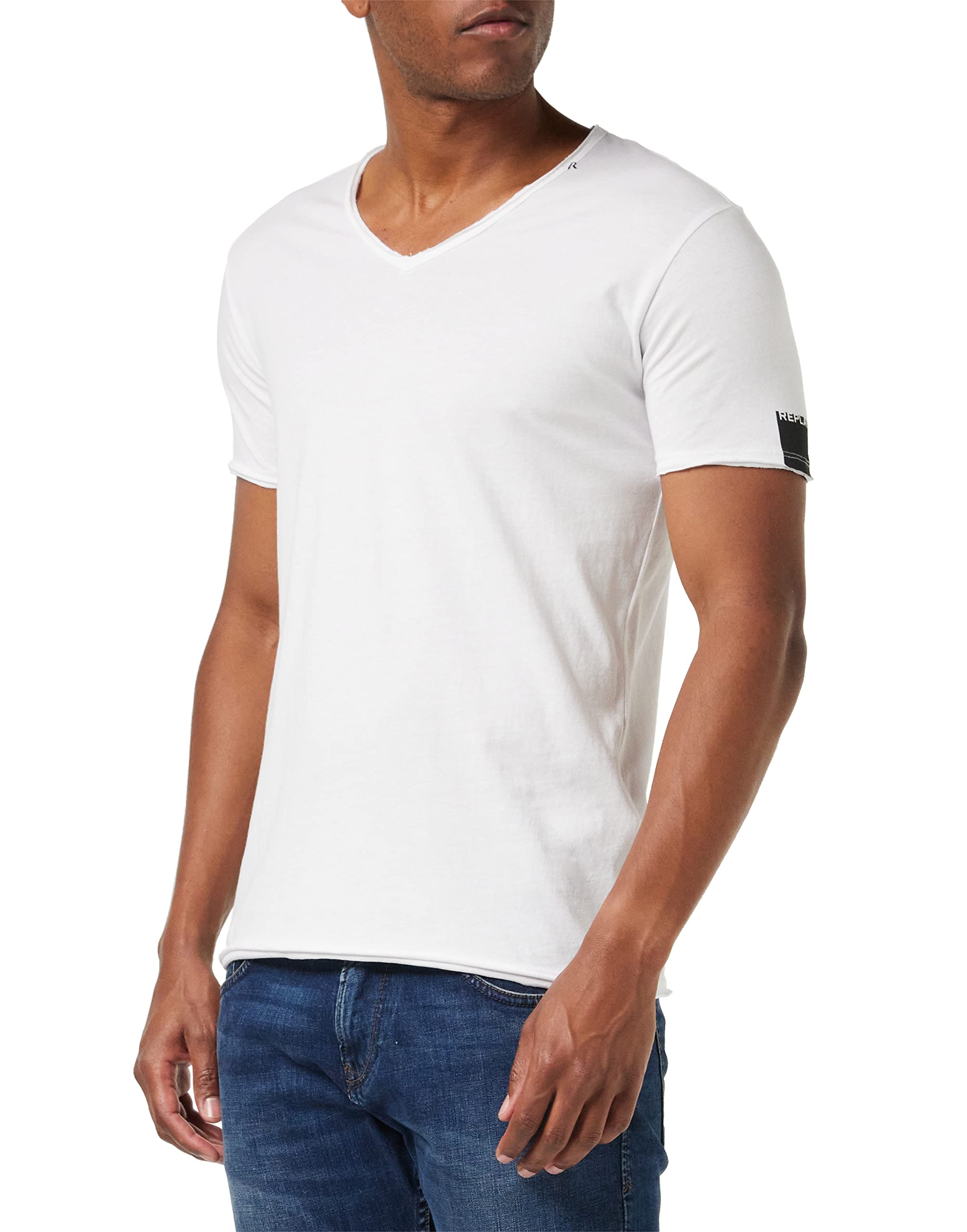 Replay Herren T-Shirt Kurzarm mit V-Ausschnitt, Optical White 001 (Weiß), S