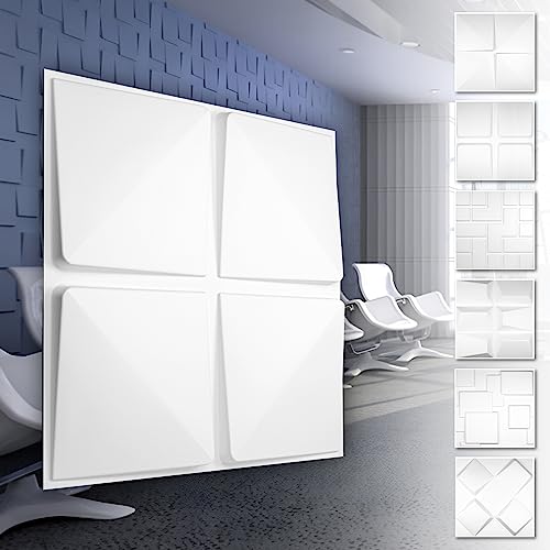 HEXIM 3D Wandpaneele, PVC Kunststoff weiß - Quadrat Design Paneele 50x50cm Wandverkleidung (5QM HD032) Verblender Wohnzimmer