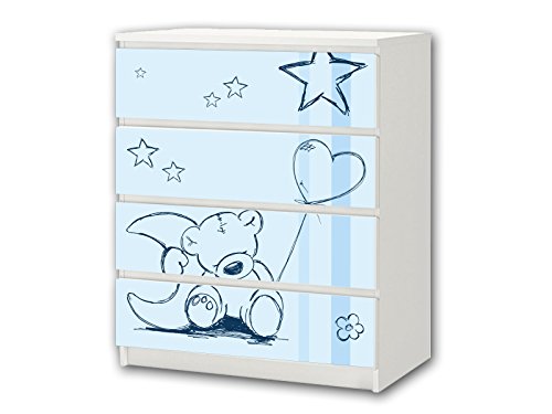 STIKKIPIX Teddy blau Möbelsticker/Aufkleber - M4K18 - passend für die Kommode mit 4 Fächern/Schubladen MALM von IKEA - Bestehend aus 4 passgenauen Kinderzimmer Möbelfolien (Möbel Nicht inklusive)