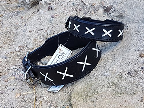 Hundehalsband Leder Halsband extra BREIT Ziertich Schwarz Weiss M L XL Mittel bis großer Hund Tysons genäht (M)