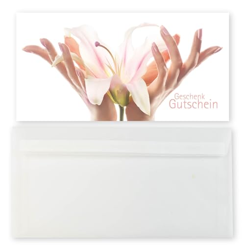 50 Gutscheinkarten BEAUTIFUL HANDS für Nagelstudio und Kosmetikstudio mit transparenten Umschlägen
