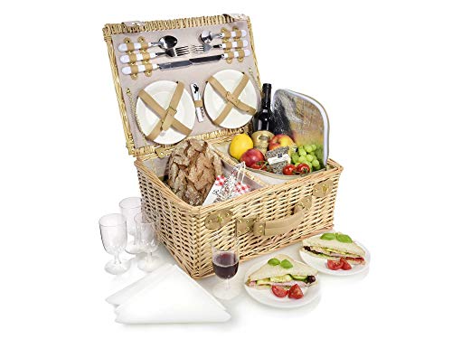 SÄNGER | Picknickkorb, 27-teiliges Set für 4 Personen, Weidenkorb, Besteck, Teller, Gläser, Kühltasche, Flaschenöffner