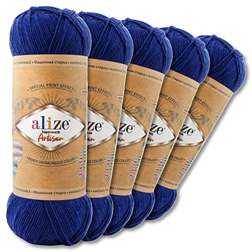 Wohnkult Alize 5 x 100 g Superwash Artisan Sockenwolle Premium 16 Auswahl Kontrast Häkeln Stricken (797 | Blau)