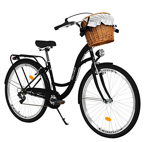 Milord. 26 Zoll 7-Gang schwarz Komfort Fahrrad mit Korb und Rückenträger, Hollandrad, Damenfahrrad, Citybike, Cityrad, Retro, Vintage