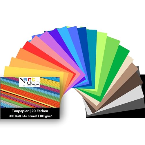 artdee® Tonpapier bunt in 20 verschiedenen Farben 180 g/m² – Bastelpapier Set (300 Blatt gemischt in DIN A6) – Buntes Papier zum Basteln – Bastelpapier bunt für Kinder und Erwachsene