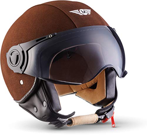 Moto Helmets® H44 „Leather Brown“ · Jet-Helm · Motorrad-Helm Roller-Helm Scooter-Helm Bobber Mofa-Helm Chopper Retro Cruiser Vintage Pilot Biker · ECE Visier Schnellverschluss Tasche XS (53-54cm)