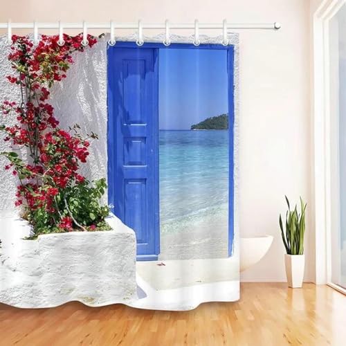 Rumlly Rote Blumen, Blaue Tür mit Meerblick auf der Insel, Duschvorhänge, wasserdichter Stoff, Badezimmer-Vorhang-Set, Heim-Badewannen-Dekoration, 200 x 220 cm