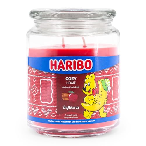 Haribo Duftkerze im Glas mit Deckel | Cozy Home | Duftkerze Winter | Kerzen lange Brenndauer (100h) | Kerzen Rot | Duftkerze Groß (510g)