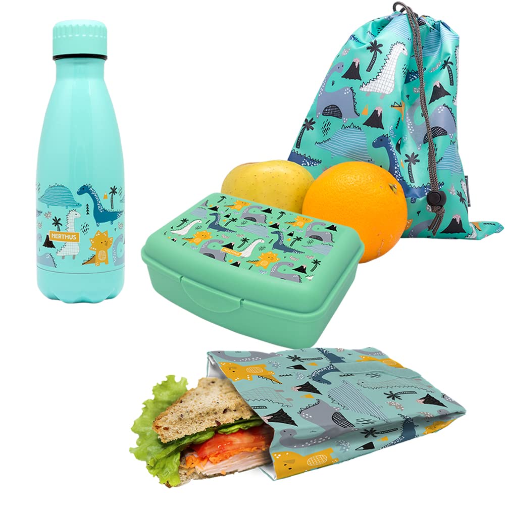 NERTHUS FIH 1038 SET Doppelwandflasche Edelstahl + Lunchbox + Sandwich Tasche + Dinosaurier-Rucksack