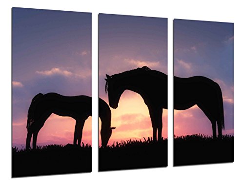 Wandbild - Sonnenuntergang Landschaft Pferde, 97 x 62 cm, Holzdruck - XXL Format - Kunstdruck, ref.26529