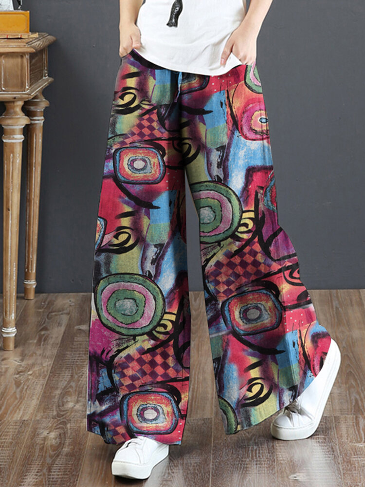 Damen Hose aus 100% Baumwolle mit ausgestelltem Bein und Blumenmuster im Retro-Stil mit Seitentaschen