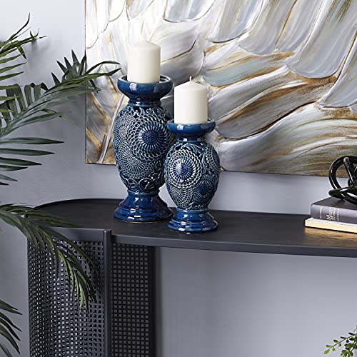 Deco 79 Eclectic Keramik-Kerzenhalter, 33 cm, 25,4 cm, Blau, 2 Stück