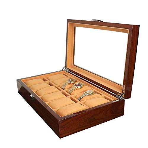 YIQIFEI Uhrenbox Große Aufbewahrungsbox Holzmaterial Vitrine Organizer Glasplatte Flip Cover Herren Aufbewahrungsbox mit Kissen 12 Slots Uhren Schmuck Aufbewa