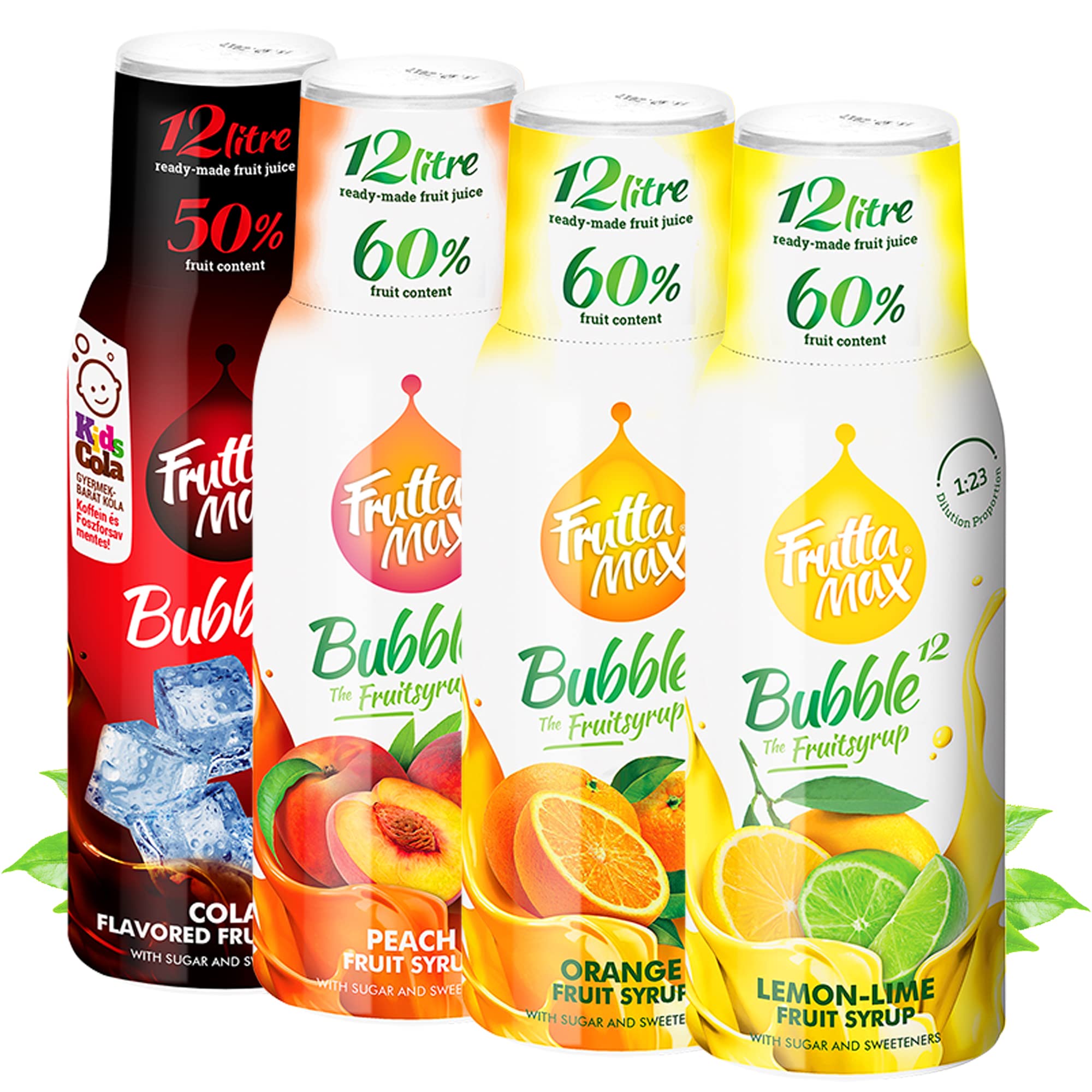4 x 500 ml FruttaMax Getränkesirup Frucht-sirup Konzentrat | Orange-Zitrone-Limette-Cola-Pfirsiche- | weniger Zucker | mit 50-60% Fruchtanteil | für Soda Maschine geeignet