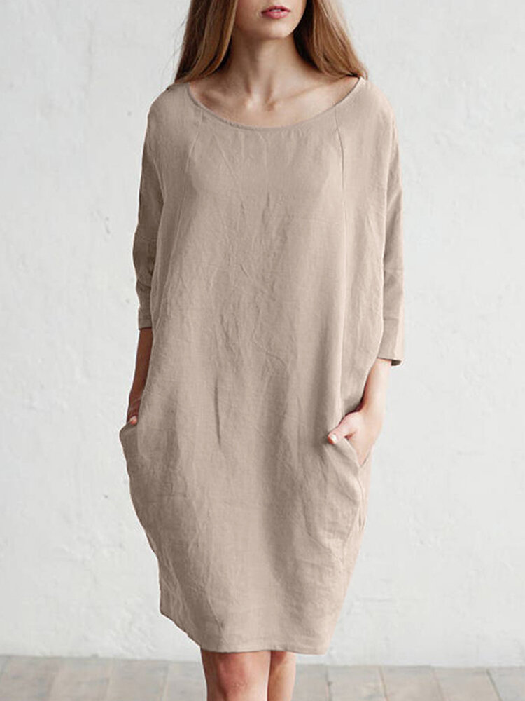 Einfarbig 3/4 Ärmel O-Ausschnitt Tasche Baumwolle Kleid