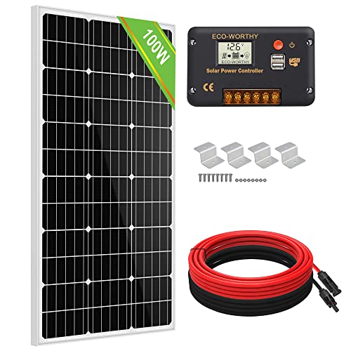 ECO-WORTHY 100W 12V Solarpanel-Kit mit Solarladeregler & 5m Solarkabel & Z-Halterungen für Wohnmobil, L02P100N-CWZ-1, 100 W Solarmodul-Set, 100W Poly Solar Panel W 20A Controller