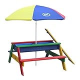 AXI Nick Kinder Sand & Wasser Picknicktisch aus Holz | Wasserspieltisch & Sandtisch mit Deckel und Behältern | Kindertisch/Matschtisch in Regenbogen Farben mit Sonnenschirm für den Garten.