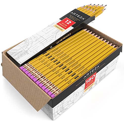 ARTEZA Bleistift HB, Holzbleistifte 180er Großpackung, Bleistifte mit latextfreiem Radiergummi, vorgespitzt für reibungsloses Schreiben in Schule, Büro & zum Zeichnen und Skizzieren