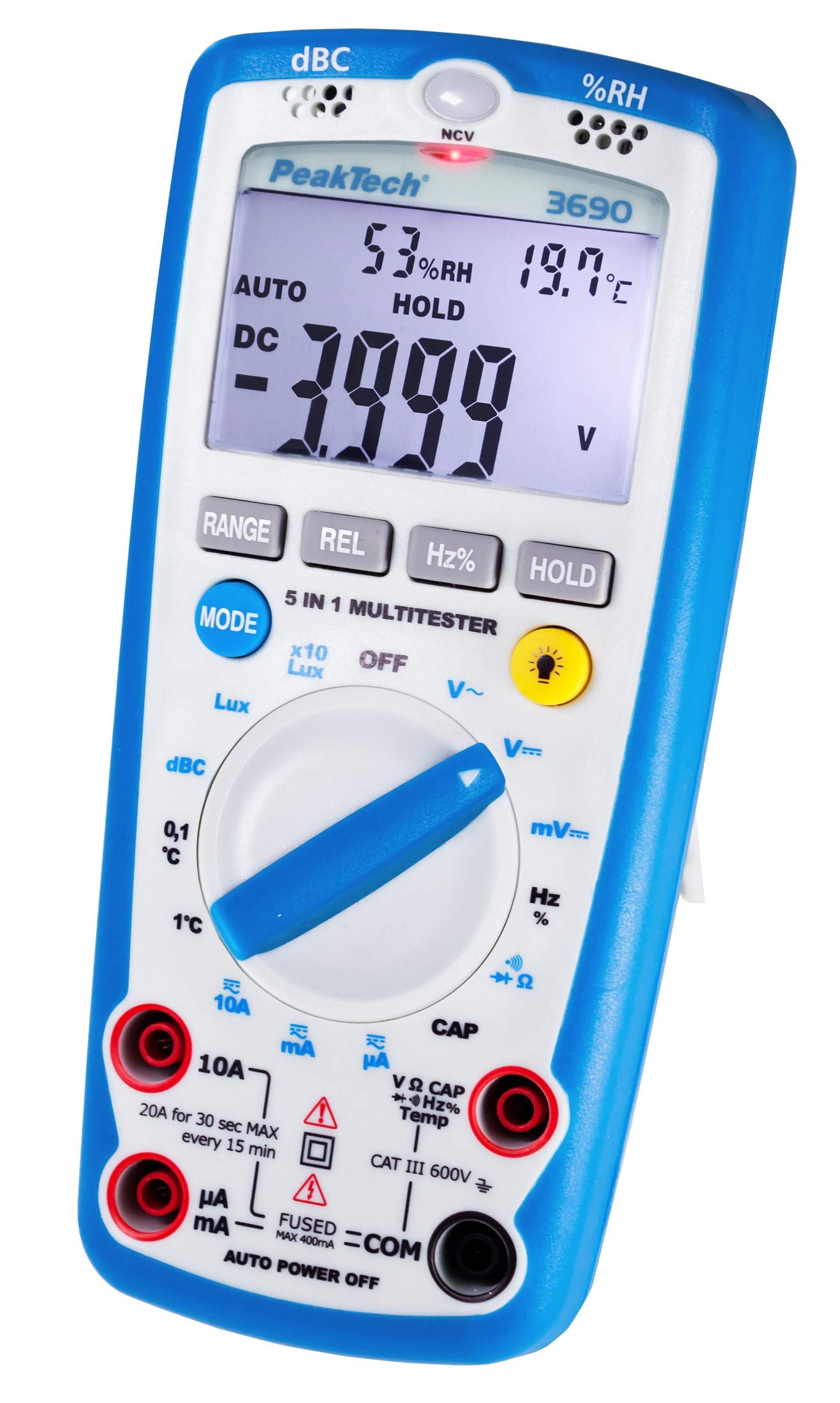 PeakTech 3690 – Digitales 5-in-1 Multimeter, Luxmeter, Schallpegelmessgerät, Luftfeuchtigkeitsmessgerät, Spannungsmesser, Thermometer, Handmultimeter, Durchgangsprüfer, Messgerät, 4000 Counts - 600 V