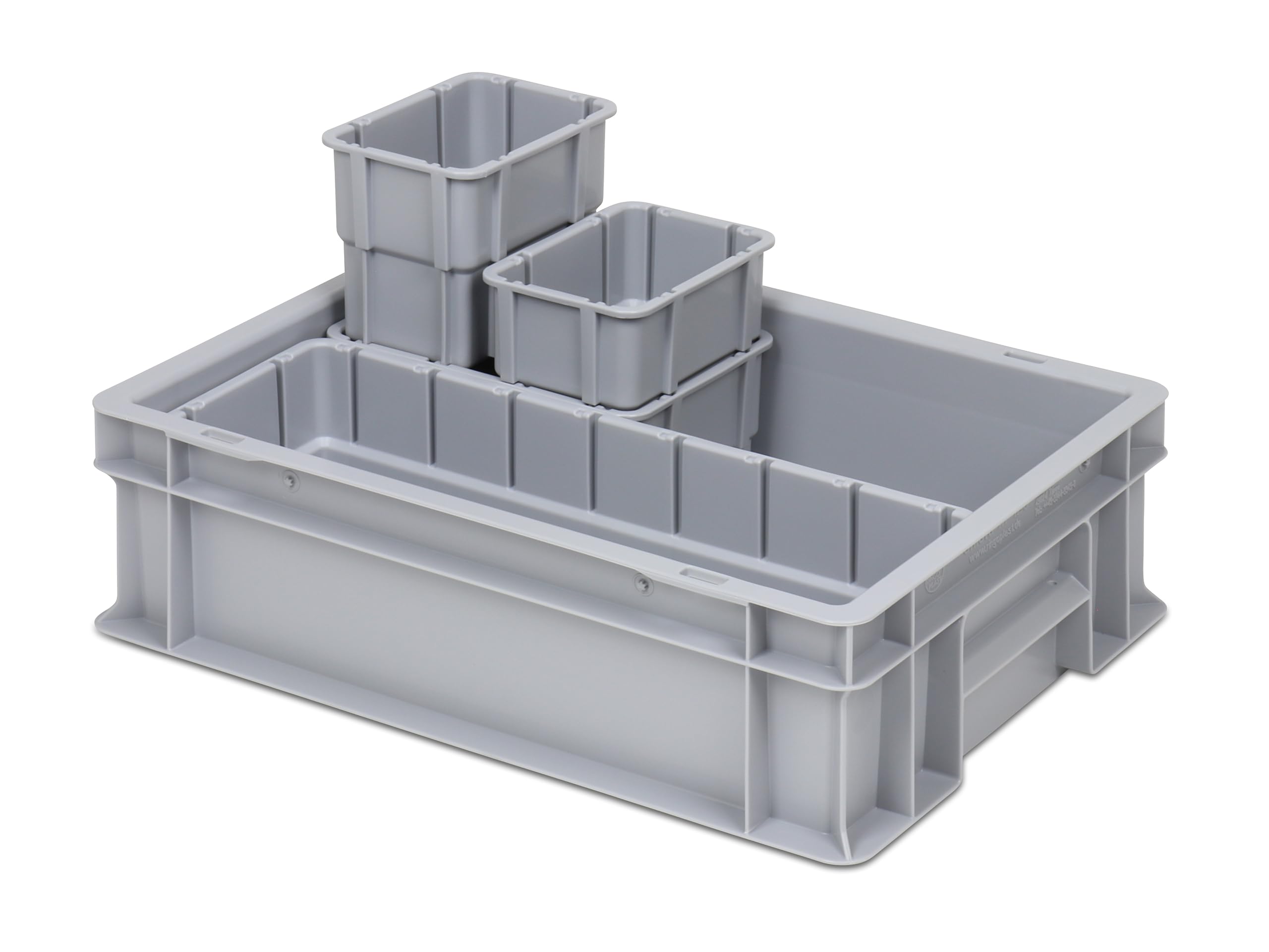 Einsatzkasten Einteilungs-Set für Eurobehälter, Schubladen mit Innenmaß 362x262 mm (LxB), 102 mm hoch, verschiedene Größen/Farben (4er Mix Set inkl. Box, grau)