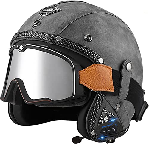 Bluetooth-Leder-Jethelm Vintage-Motorradhelm Mit Großer Rahmenbrille Offener Helm Für Erwachsene Männer Und Frauen Straßenrennen Motorrad Cruiser DOT/ECE-Geprüft 6,L(59-60CM)
