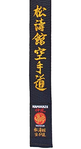 Kamikaze Gürtel schwarz Satin, bestickt mit Shotokan Karate Do (Japanische Kanji Schriftzeichen), Gr. 6 / 310 cm