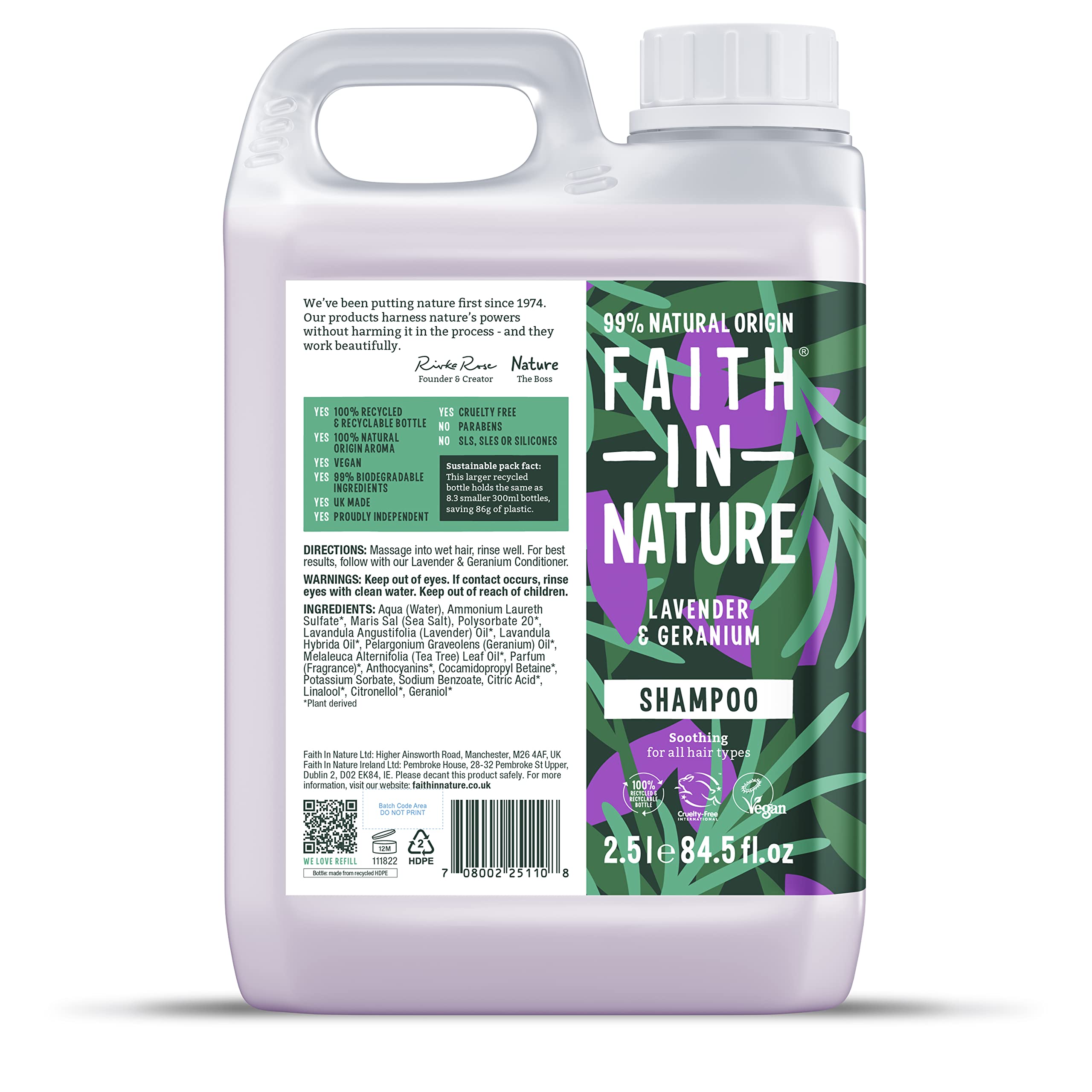 Faith In Nature Natural Lavender & Geranium Shampoo, Soothing, Vegan & Cruelty Free, No SLS or Parabens, For Normal to Dry Hair, 2.5L