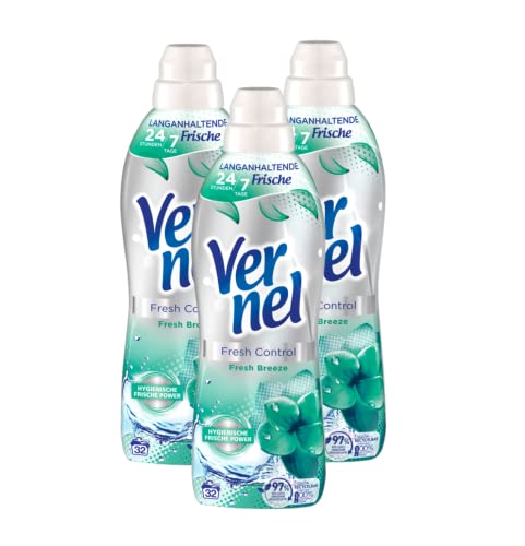 Vernel Fresh Control Fresh Breeze Weichspüler (3x32 Waschladungen), Wäscheduft für 24/7 langanhaltende Frische mit Geruchs-Neutralisierungs-Technologie, recycelbare Flasche 