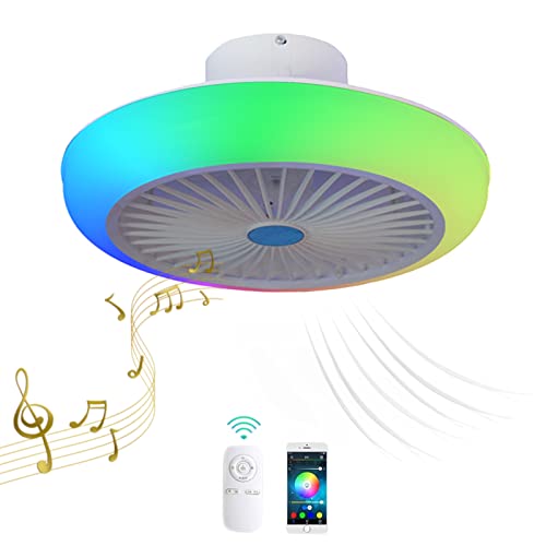 Ventilator mit Fernbedienung Leise Schlafzimmer Deckenleuchte mit Ventilator Lampe LED RGB Deckenventilator mit Beleuchtung Licht Dimmbar Deckenlampe Flach Musik Bluetooth Lautsprecher Weiß Smart Home