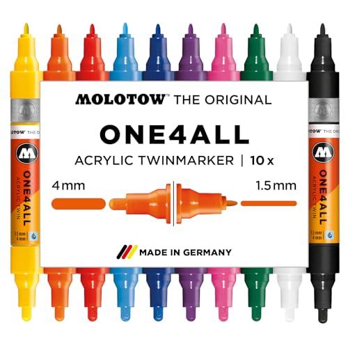 Molotow One4All Acrylic Twin Marker Basic Set 1 (1,5 und 4,0 mm Strichstärke, hochdeckend und permanent, schnell trocknend, nachfüllbar, für fast alle Untergründe) 10 Stück sortiert