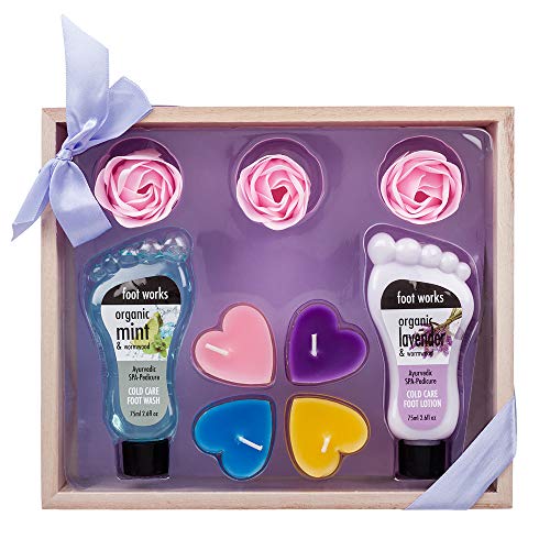 9 Stück attraktive Organic Minze & Wermut Damen Fuß-Holz-Geschenkset Box – Beinhaltet Fußlotion, Fußwäsche, Seifenblumen und Kerzen