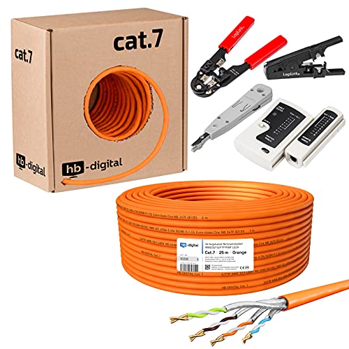 hb-digital SET 25m CAT.7 Netzwerkkabel LAN Verlegekabel AWG 23 Reines Kupfer S/FTP PiMF LSZH Halogenfrei RoHS-Compliant GHMT-zertifiziert Ethernet PoE 10Gbit/s 1000MHz Orange + 1x Werkzeugset