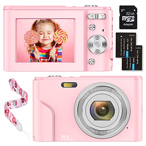 Digitalkamera 1080P HD 36 Megapixel Videokamera 2,4" LCD Digitalkamera Wiederaufladbare Fotokamera mit 16X Digitalzoom Kompaktkamera mit SD-Karte für Erwachsene/Kinder/Anfänger(Rosa)