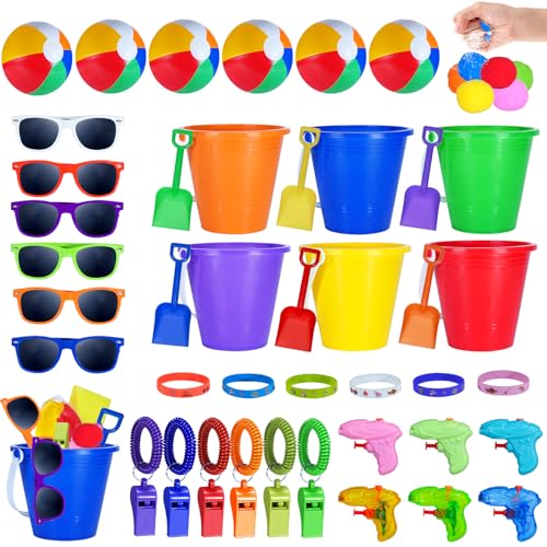 Holady 48-teiliges Pool-Spielzeug für Kinder,Strandbälle in großen Mengen,Sandeimer und Schaufeln,Kinder-Sonnenbrillen in großen Mengen,Strand-Sommerspielzeug und mehr für Strand-Pool-Party-Geschenke