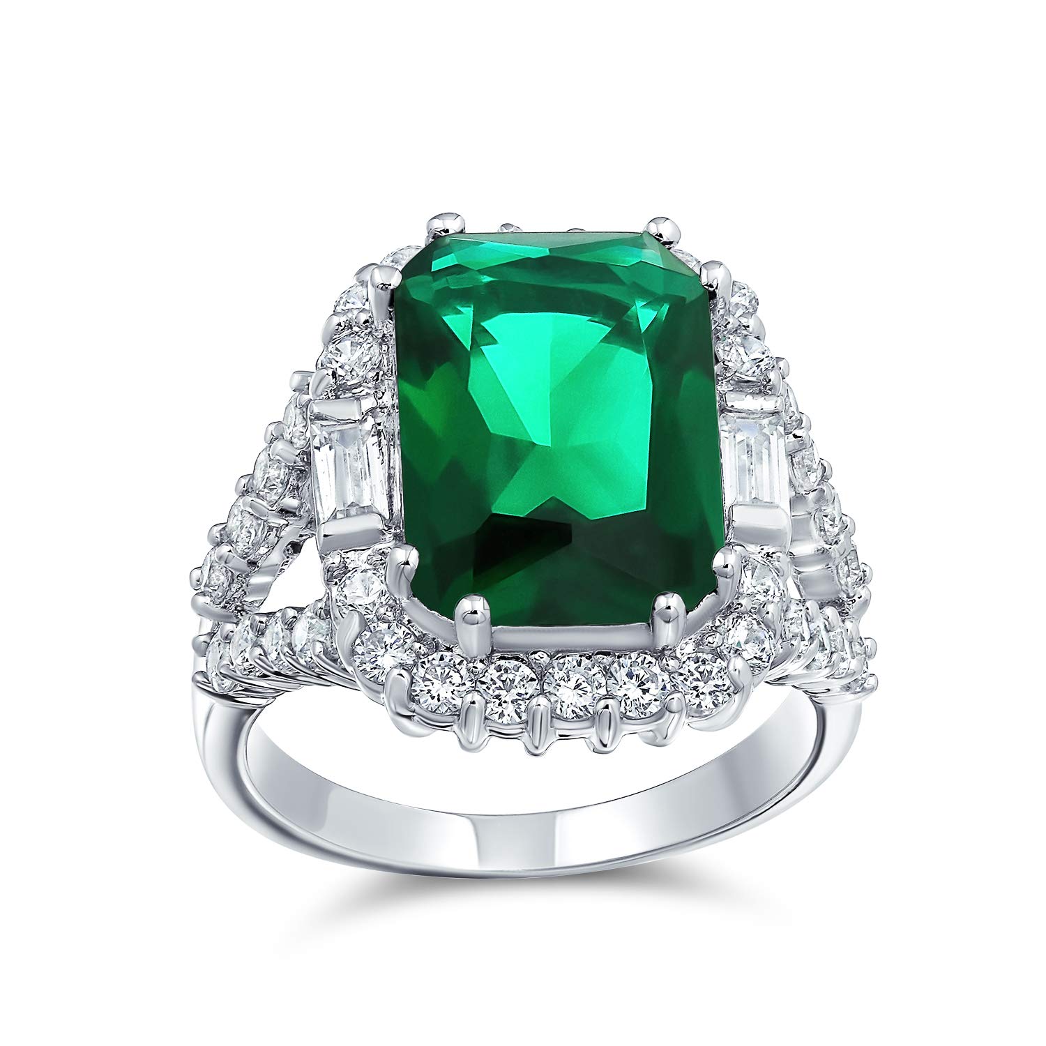 Bling Jewelry 7Ct Cubic Zirkonia Cz Pave Rechteck Grün Simuliert Emerald Cut Statement Fashion Ring Für Frauen Silber Plattiert Messing