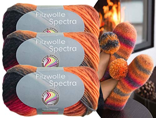 Gründl 3x100 Gramm Filzwolle Spectra aus 100% Schurwolle, (Sparset 06 Orange Schwarz) inkl. Strickanleitung für Filzhausschuhe + 3 Strasssteine zum aufnähen