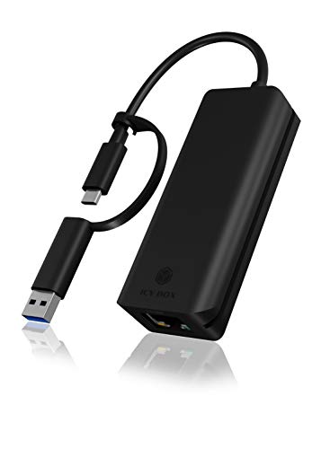 ICY BOX 2.5G USB C und USB zu Ethernet Adapter, 2-in-1 Adapter kompatibel mit USB C/Thunderbolt 3 oder USB 3.0, USB-C auf RJ45 2.5 Gigabit LAN kompatibel mit Mac und Windows