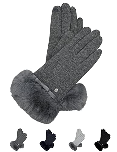 AKAROA ESTD 2019 Damen Handschuhe Liz, Touchscreen Handschuhe, extra weiches Teddyfutter, elastisches Jerseymaterial, Kunstfellstulpe, 100% vegan, anthrazit, M/L