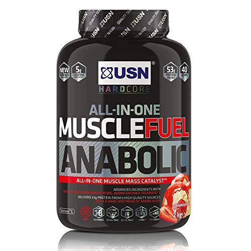 USN Muscle Fuel Anabolic Erdbeere 2Kg, Energiefördernder All-in-One Weight Gainer zum Masse- und Muskelaufbau, Protein Shake Pulver für Hardgainer