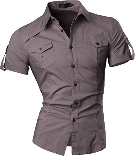 jeansian Herren Freizeit Hemden Shirt Tops Mode Kurzarm-shirts Slim Fit 8360_Gray L [Apparel]