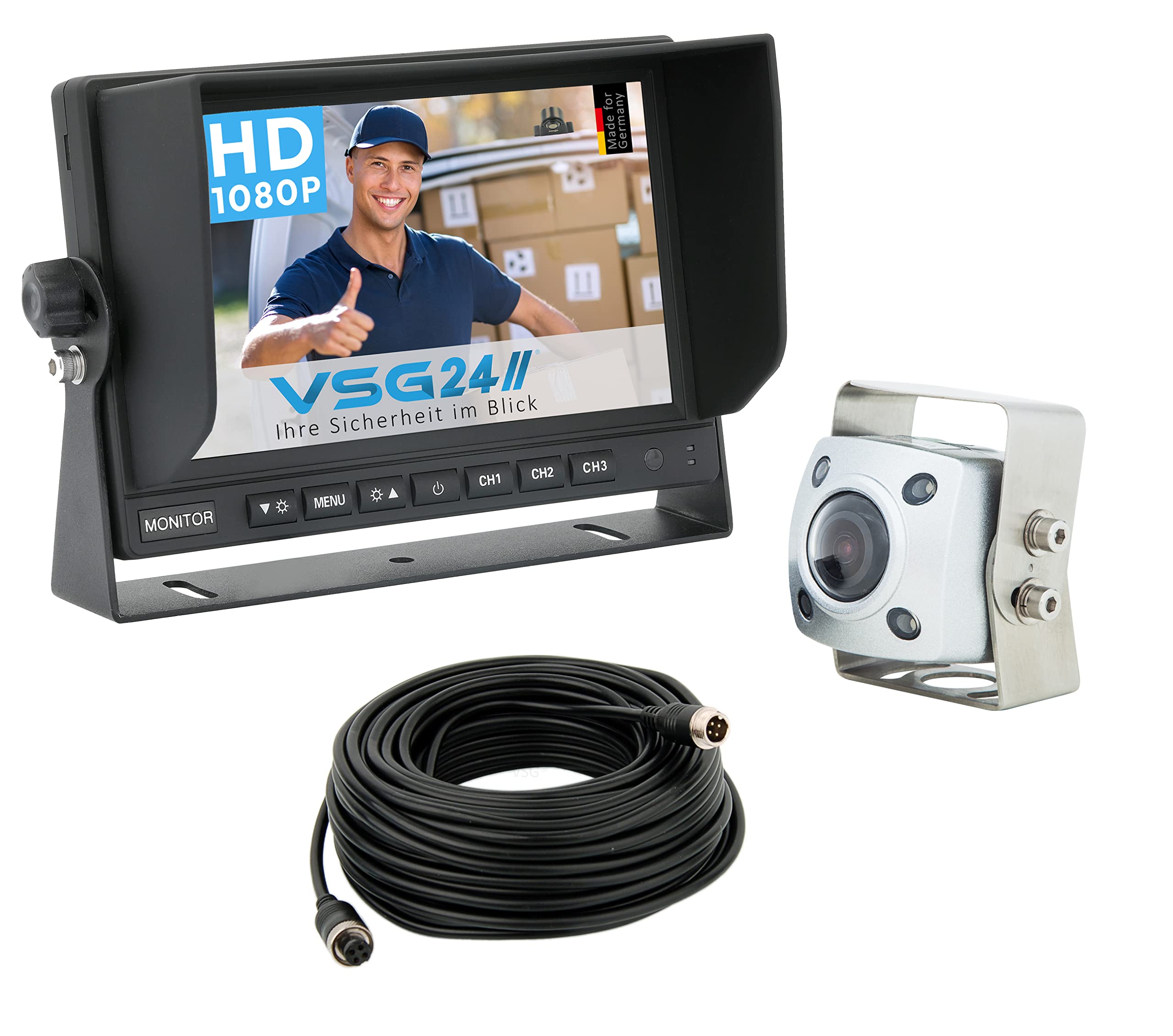 VSG24 Rückfahrkamera 7" HD Profi-Set inkl. Kamera, Monitor, Kabel - IP69K-Wasserdicht Nachtsicht 12V-24V Einfache Montage/Robustes Rückfahrsystem für Auto Wohnwagen LKW Anhänger Wohnmobile
