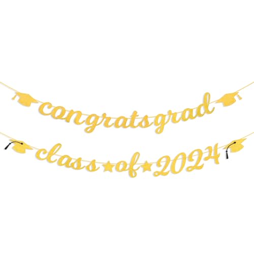 Banner mit Aufschrift "Congrats Grade Class of 5,130.0 cm – Hängendes Glitzer-Abschlussbanner mit Kappe, Girlande, Wimpelkette für Fotohintergrund, College-High-School-Party-Zubehör für Wanddekoration