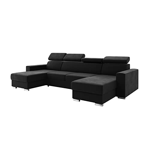 MEBLINI Schlafcouch mit Bettkasten - Ecksofa mit Schlaffunktion - Sofa mit Relaxfunktion und Kopfstützen - Couch U-Form - Eckcouch - Wohnlandschaft - Voss - 306x168x79cm - Schwarz Samt